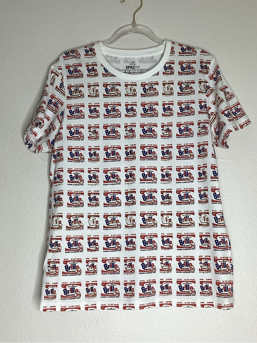 Andy Warhol SPRZNY Brillo Camp Print Tee in White with Red & Blue Logos M
